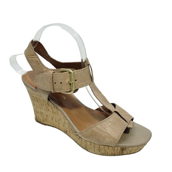 Franco Sarto Womens Beige Leather Cork Wedge Sandals 9.5 M Chestnut Brown/Tan - Picture 1 of 11